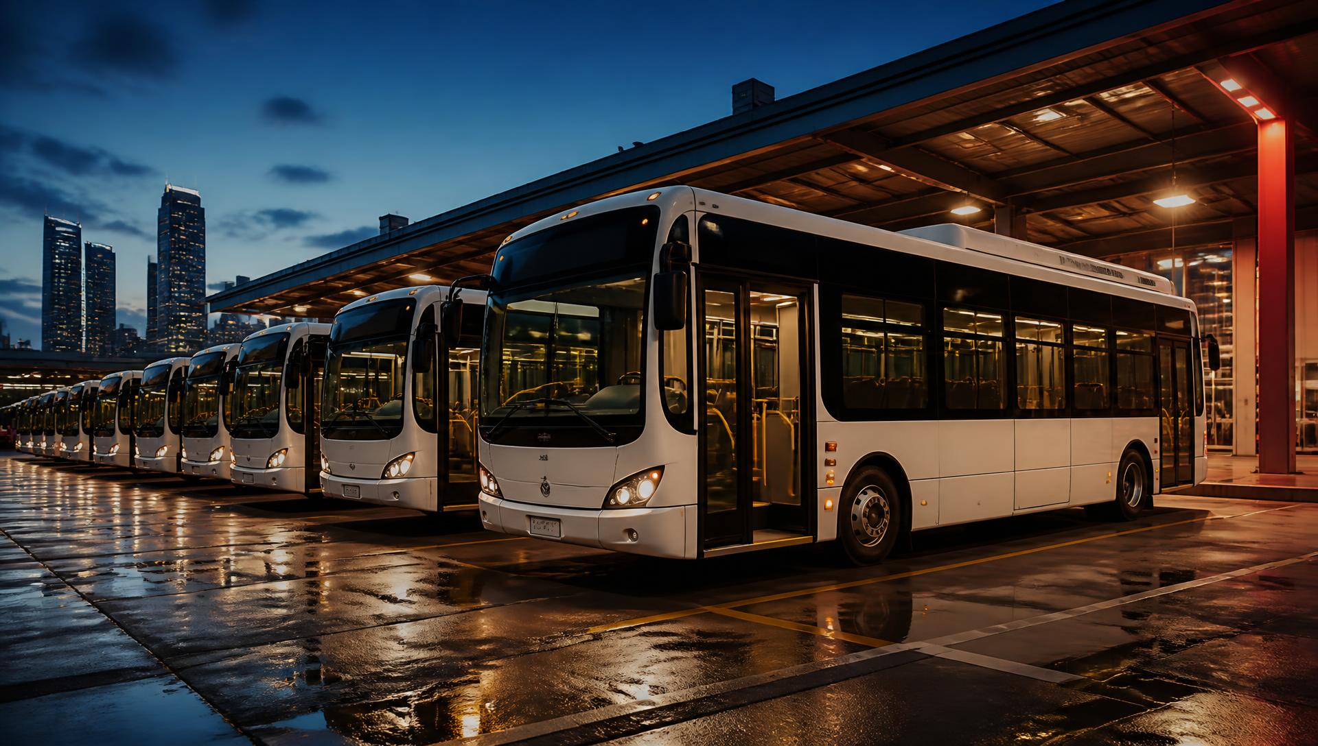 Flota de autobuses urbanos blancos en una terminal de transporte