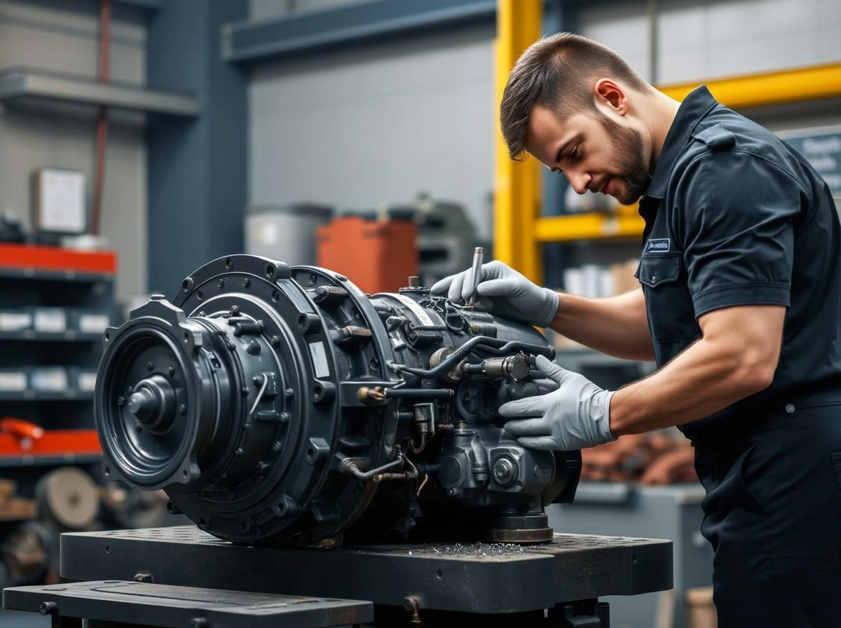 Técnico especializado reparando una transmisión de camión